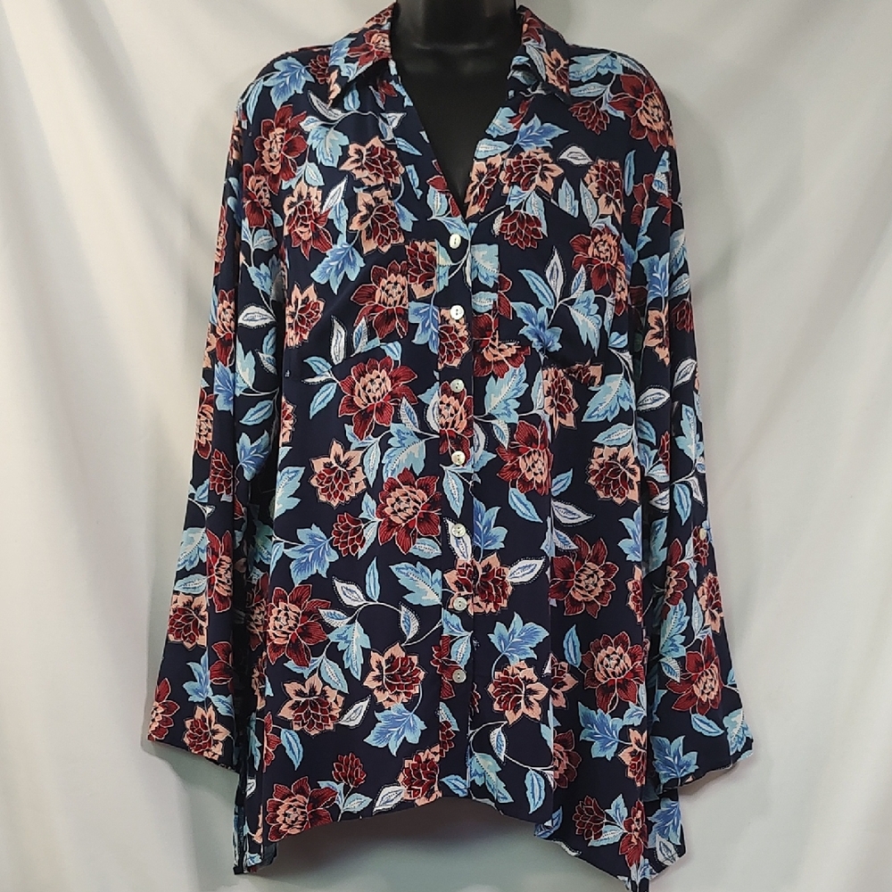 Ruby Rd. Blue and Red Oversized Button Down Shirt